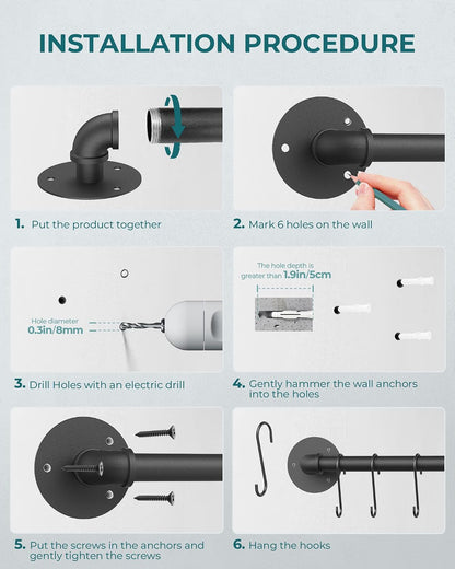 21'' Pot Rack Wall Mounted, Iron Pipe Hanging Rack, 10 S Hooks, 2Pack