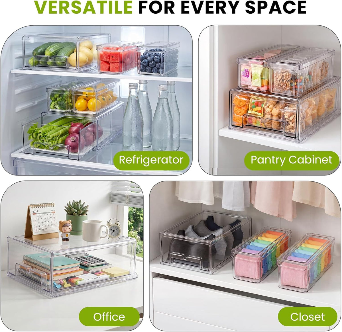 6Pack Fridge Organizers and Storage,Stackable Fridge Organizer Bins with Lids, 2 Pull Out Fridge Organizers and 4 Storage Container with Drain Tray for Fruits, Vegetables, Drinks, Snack and Food
