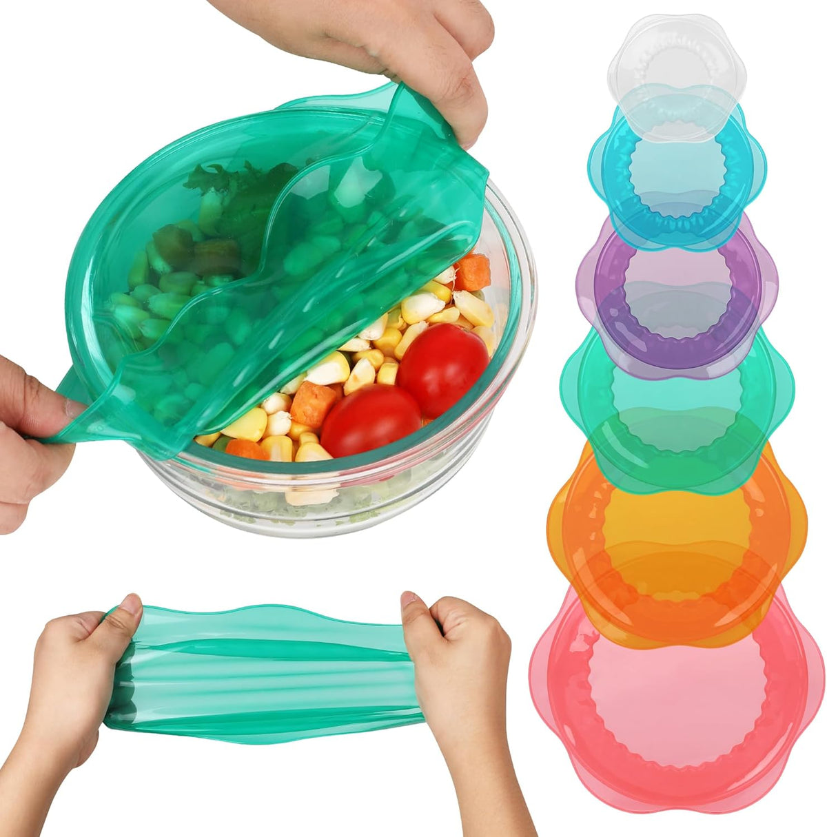 Silicone Stretch Lids for Food Storage in Fridge, Reusable Elastic Bowl Covers for Cup, Cans, Jars, Round & Rectangle Container, Food Grade Silicone Microwave Food Cover, Heat-Resistant