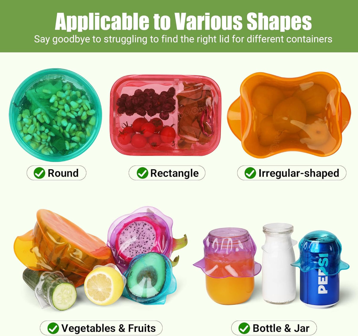 Silicone Stretch Lids for Food Storage in Fridge, Reusable Elastic Bowl Covers for Cup, Cans, Jars, Round & Rectangle Container, Food Grade Silicone Microwave Food Cover, Heat-Resistant