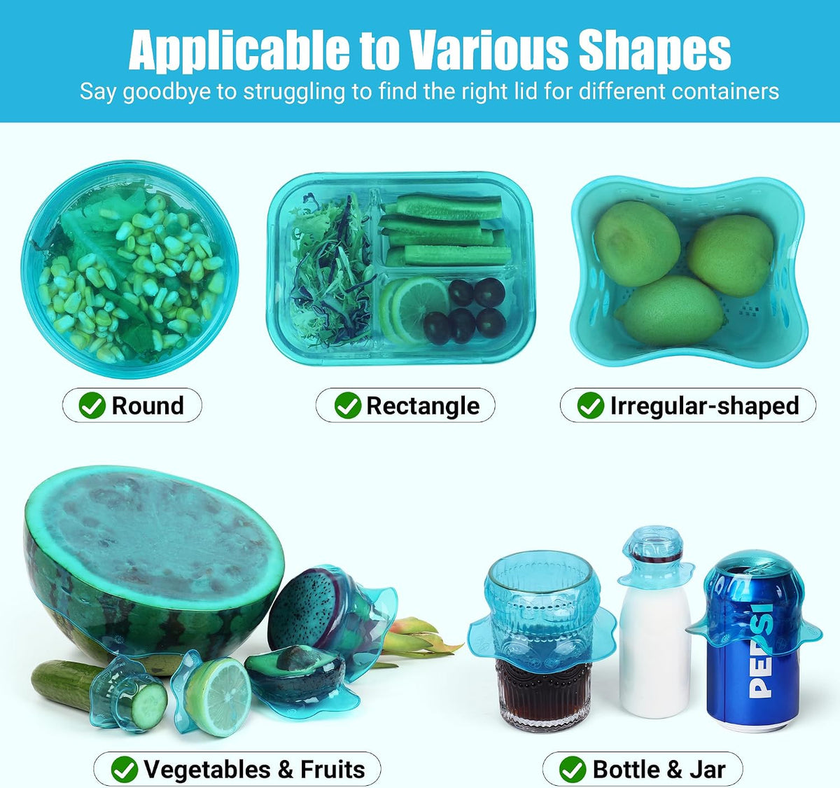 Silicone Stretch Lids for Food Storage in Fridge, Reusable Elastic Bowl Covers for Cup, Cans, Jars, Round & Rectangle Container, Food Grade Silicone Microwave Food Cover, Heat-Resistant