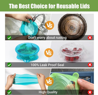 Silicone Stretch Lids for Food Storage in Fridge, Reusable Elastic Bowl Covers for Cup, Cans, Jars, Round & Rectangle Container, Food Grade Silicone Microwave Food Cover, Heat-Resistant