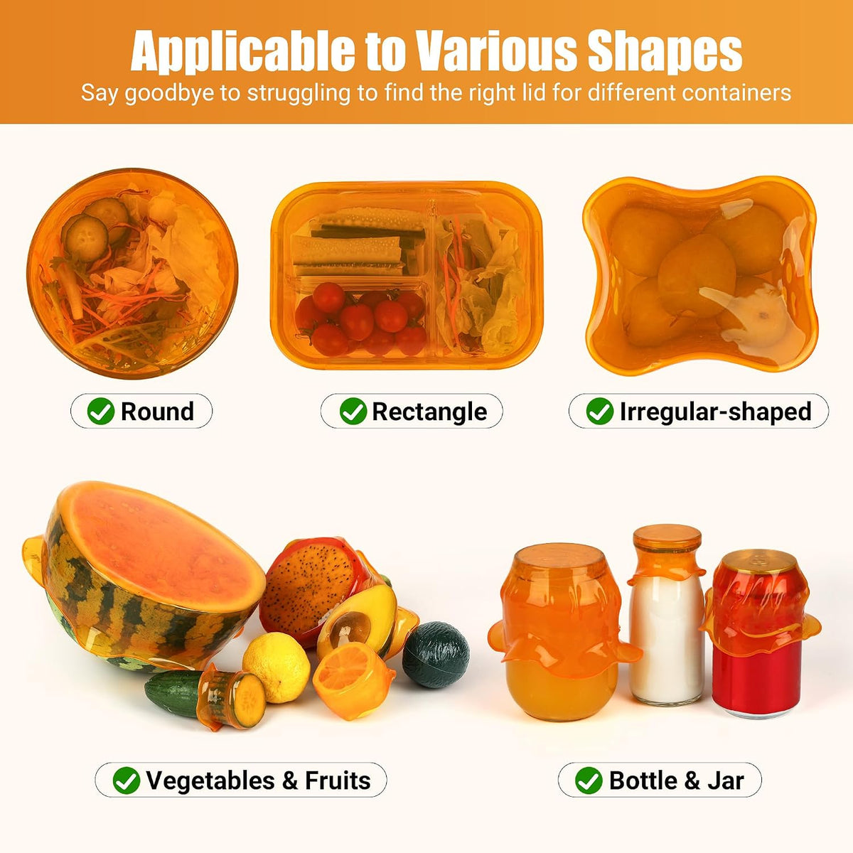 Silicone Stretch Lids for Food Storage in Fridge, Reusable Elastic Bowl Covers for Cup, Cans, Jars, Round & Rectangle Container, Food Grade Silicone Microwave Food Cover, Heat-Resistant