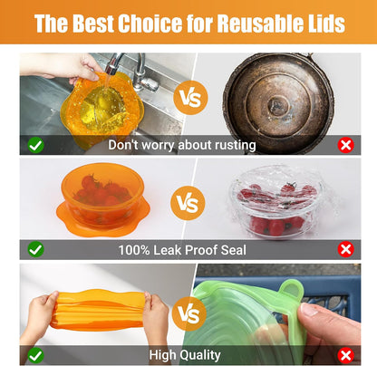 Silicone Stretch Lids for Food Storage in Fridge, Reusable Elastic Bowl Covers for Cup, Cans, Jars, Round & Rectangle Container, Food Grade Silicone Microwave Food Cover, Heat-Resistant