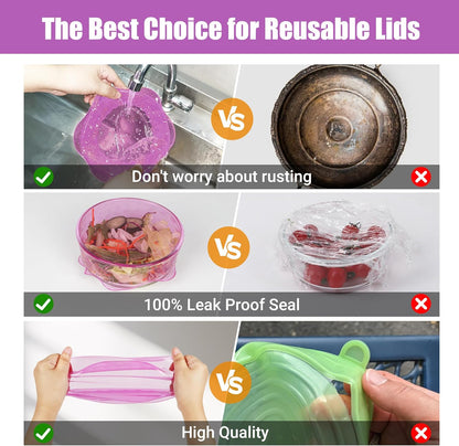 Silicone Stretch Lids for Food Storage in Fridge, Reusable Elastic Bowl Covers for Cup, Cans, Jars, Round & Rectangle Container, Food Grade Silicone Microwave Food Cover, Heat-Resistant