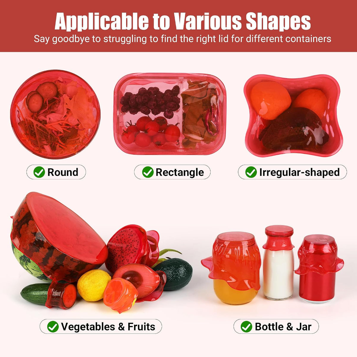 Silicone Stretch Lids for Food Storage in Fridge, Reusable Elastic Bowl Covers for Cup, Cans, Jars, Round & Rectangle Container, Food Grade Silicone Microwave Food Cover, Heat-Resistant