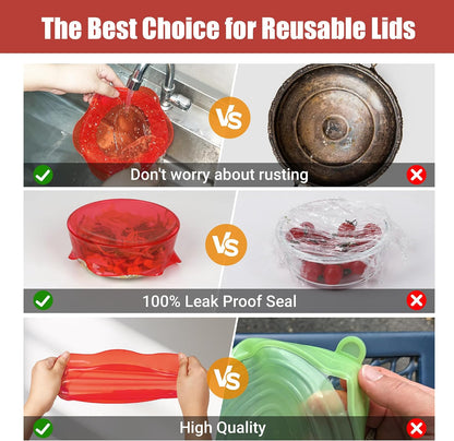 Silicone Stretch Lids for Food Storage in Fridge, Reusable Elastic Bowl Covers for Cup, Cans, Jars, Round & Rectangle Container, Food Grade Silicone Microwave Food Cover, Heat-Resistant