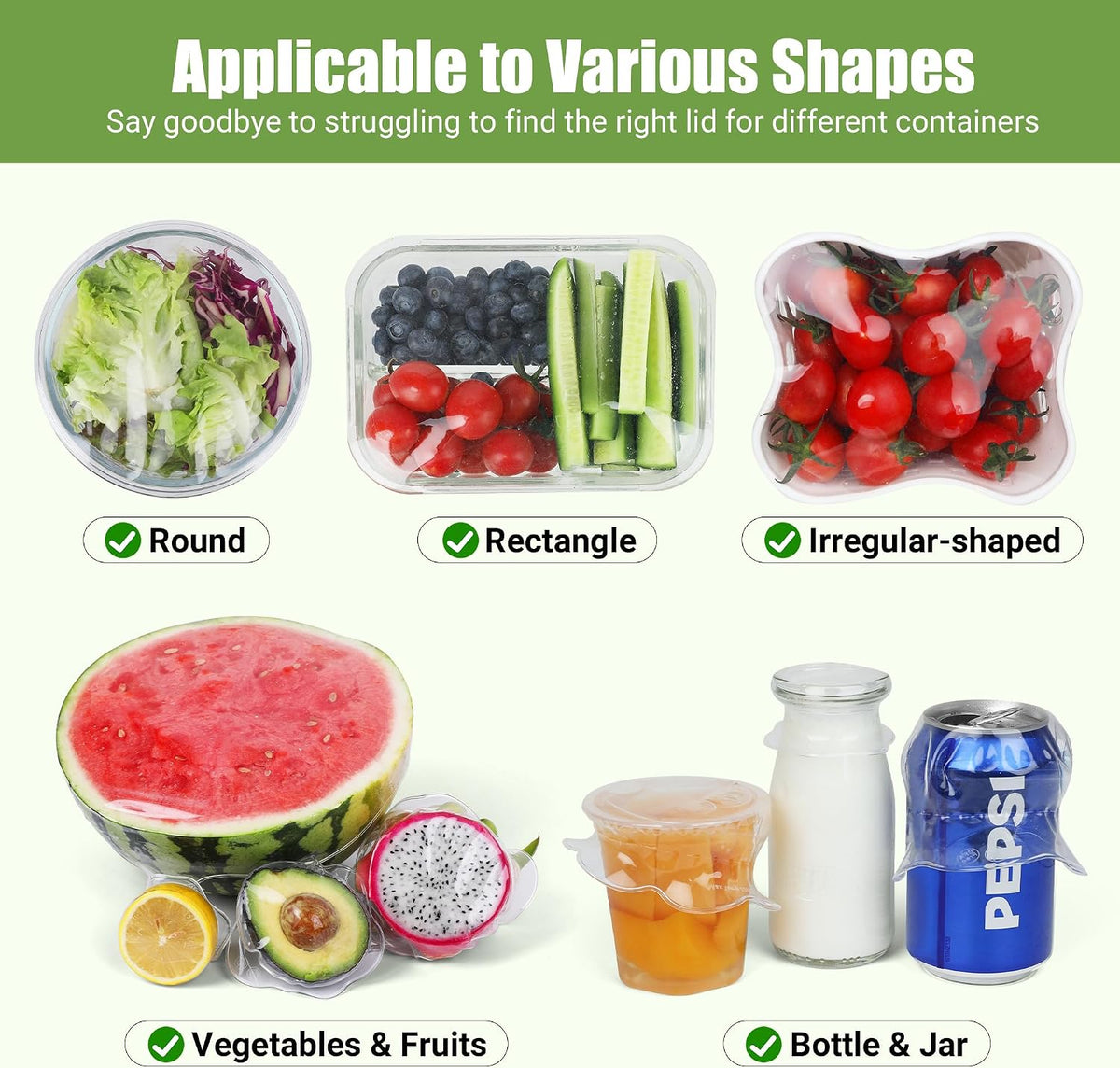 Silicone Stretch Lids for Food Storage in Fridge, Reusable Elastic Bowl Covers for Cup, Cans, Jars, Round & Rectangle Container, Food Grade Silicone Microwave Food Cover, Heat-Resistant