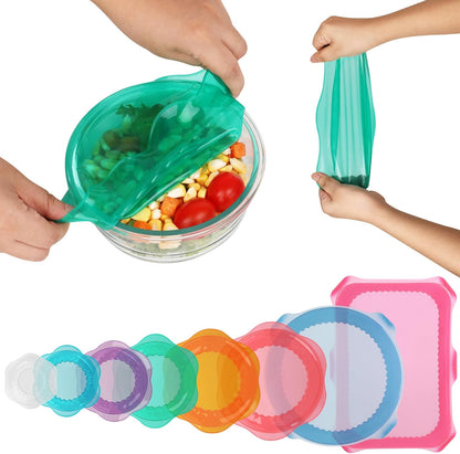 Silicone Stretch Lids for Food Storage in Fridge, Reusable Elastic Bowl Covers for Cup, Cans, Jars, Round & Rectangle Container, Food Grade Silicone Microwave Food Cover, Heat-Resistant