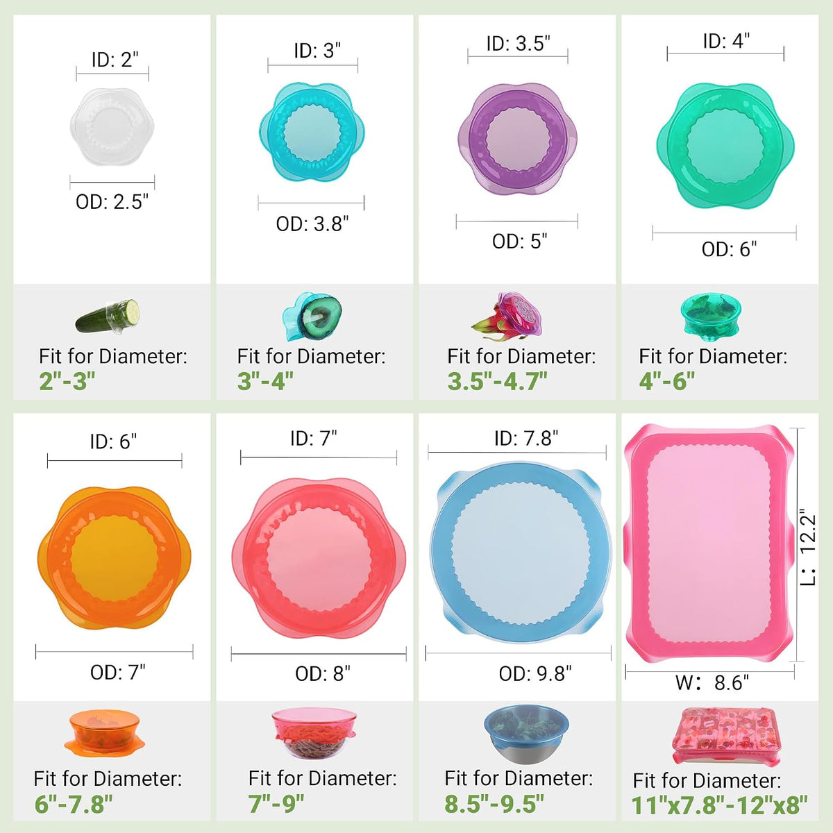 Silicone Stretch Lids for Food Storage in Fridge, Reusable Elastic Bowl Covers for Cup, Cans, Jars, Round & Rectangle Container, Food Grade Silicone Microwave Food Cover, Heat-Resistant