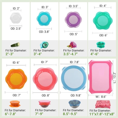 Silicone Stretch Lids for Food Storage in Fridge, Reusable Elastic Bowl Covers for Cup, Cans, Jars, Round & Rectangle Container, Food Grade Silicone Microwave Food Cover, Heat-Resistant