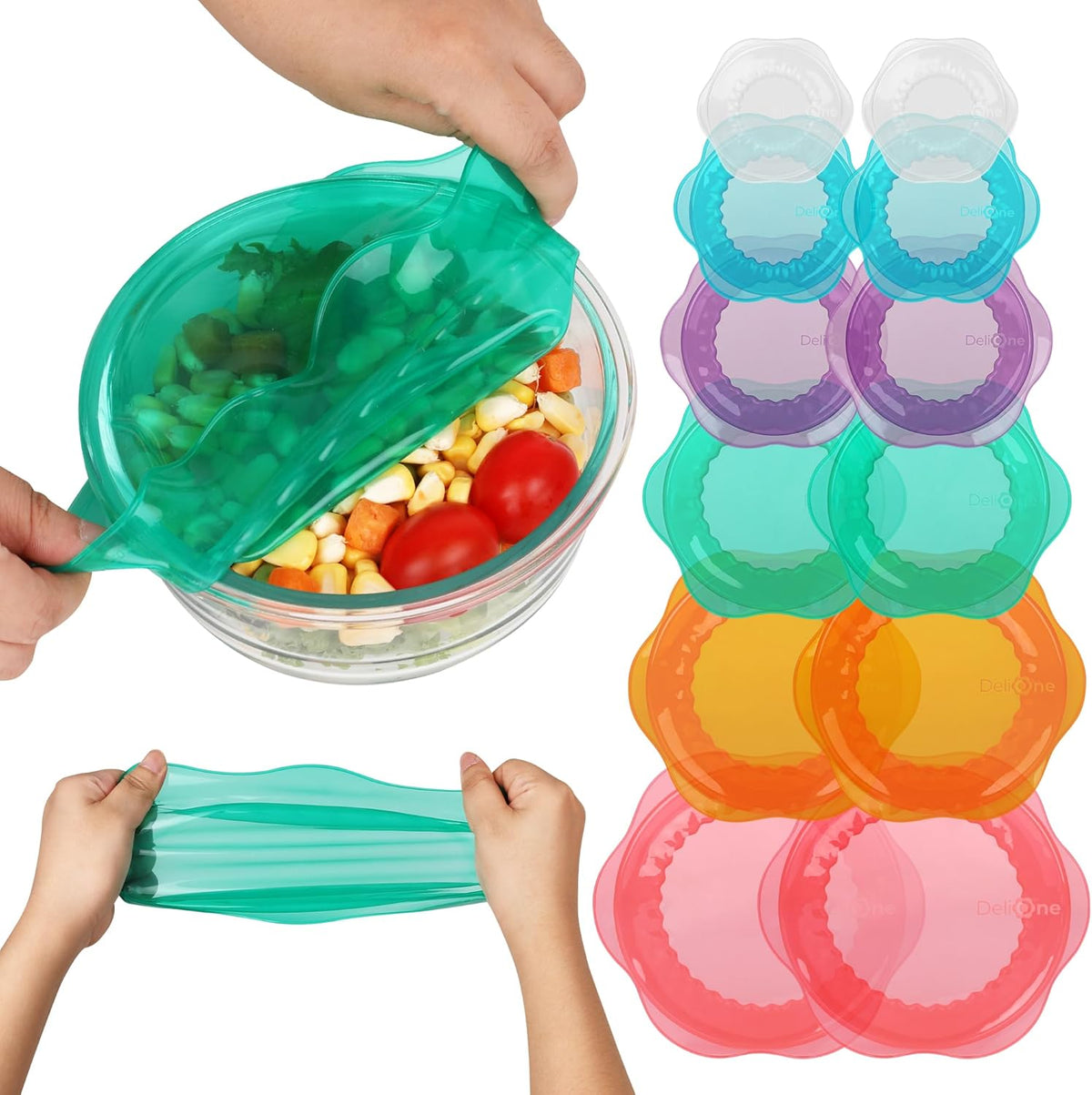 Silicone Stretch Lids for Food Storage in Fridge, Reusable Elastic Bowl Covers for Cup, Cans, Jars, Round & Rectangle Container, Food Grade Silicone Microwave Food Cover, Heat-Resistant
