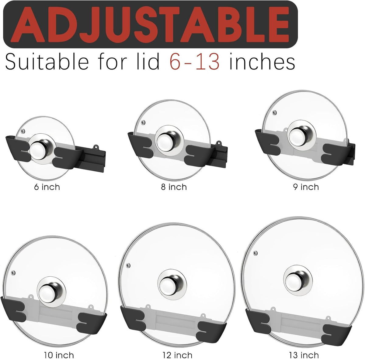 Adjustable Universal Pot Lid Holder Organizer - Upgraded Patented Pan Lids Organizers Inside Cabinet Door Wall Mount Pots Top Rack for Kitchen Cupboard Fit 6" to 13" (Black)
