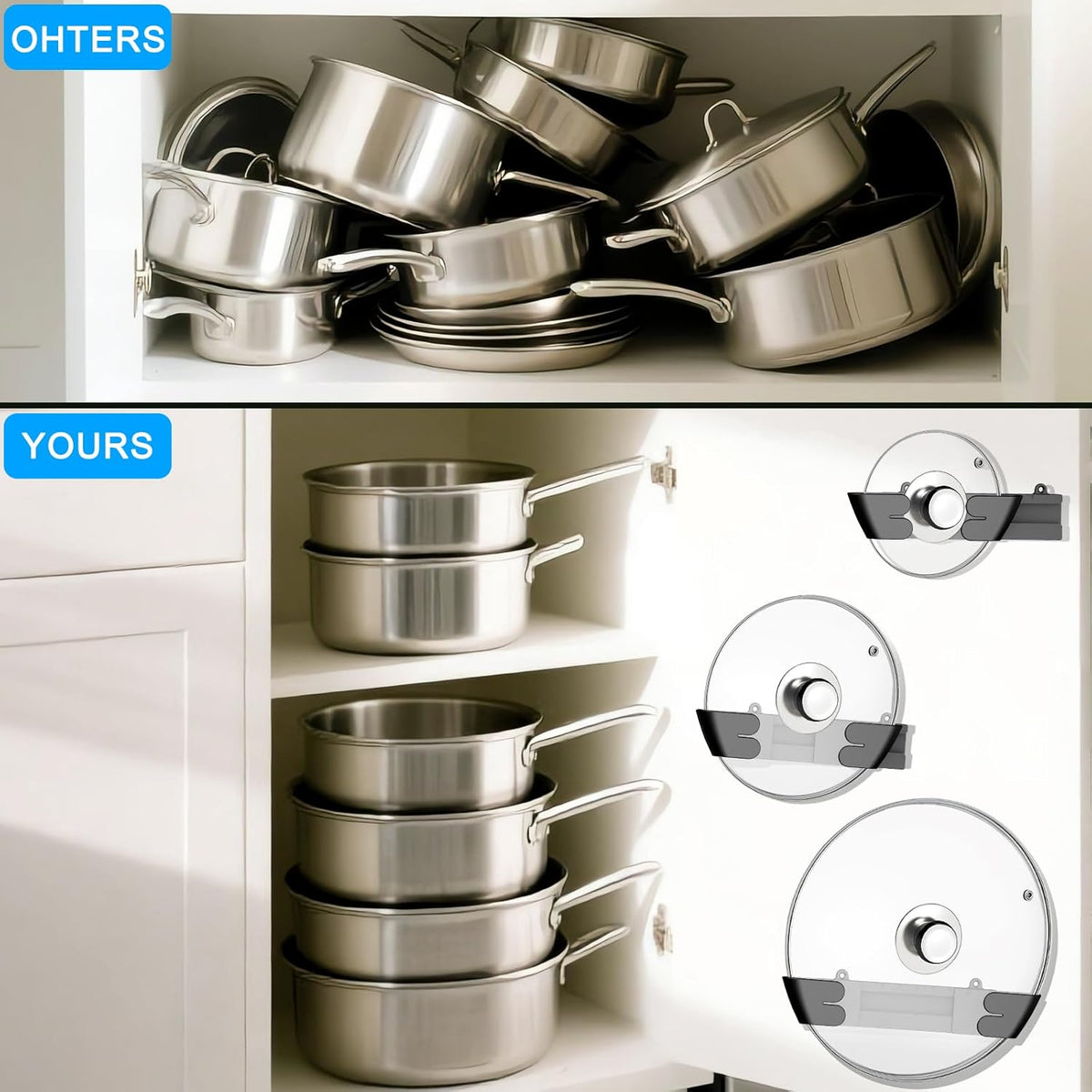 Adjustable Universal Pot Lid Holder Organizer - Upgraded Patented Pan Lids Organizers Inside Cabinet Door Wall Mount Pots Top Rack for Kitchen Cupboard Fit 6" to 13" (Black)
