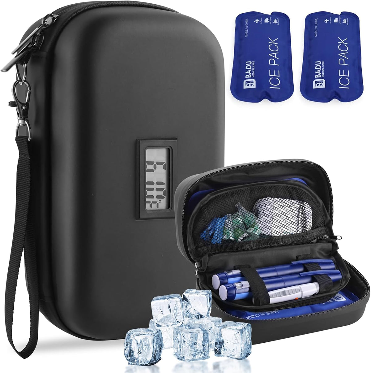 Insulin Cooler Travel Case TSA Approved Refrigerated Medicine Cooler for Travel w/Thermometer Temperature Diabetic Travel Case w/2 Reusable Ice Packs for Daily Life Trip, Blue