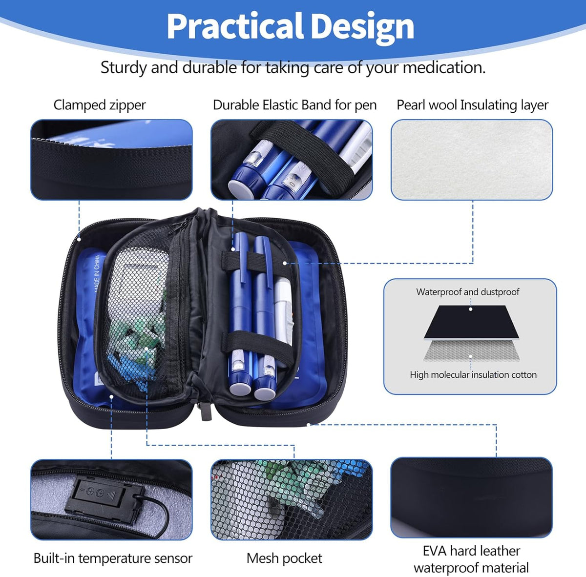 Insulin Cooler Travel Case TSA Approved Refrigerated Medicine Cooler for Travel w/Thermometer Temperature Diabetic Travel Case w/2 Reusable Ice Packs for Daily Life Trip, Blue