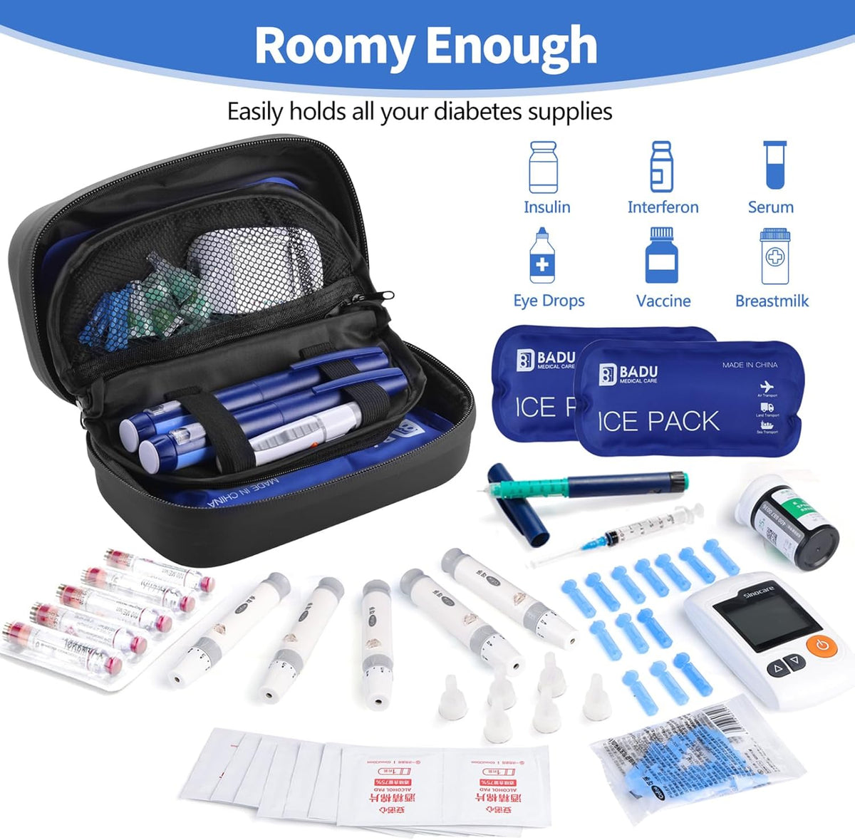Insulin Cooler Travel Case TSA Approved Refrigerated Medicine Cooler for Travel w/Thermometer Temperature Diabetic Travel Case w/2 Reusable Ice Packs for Daily Life Trip, Blue