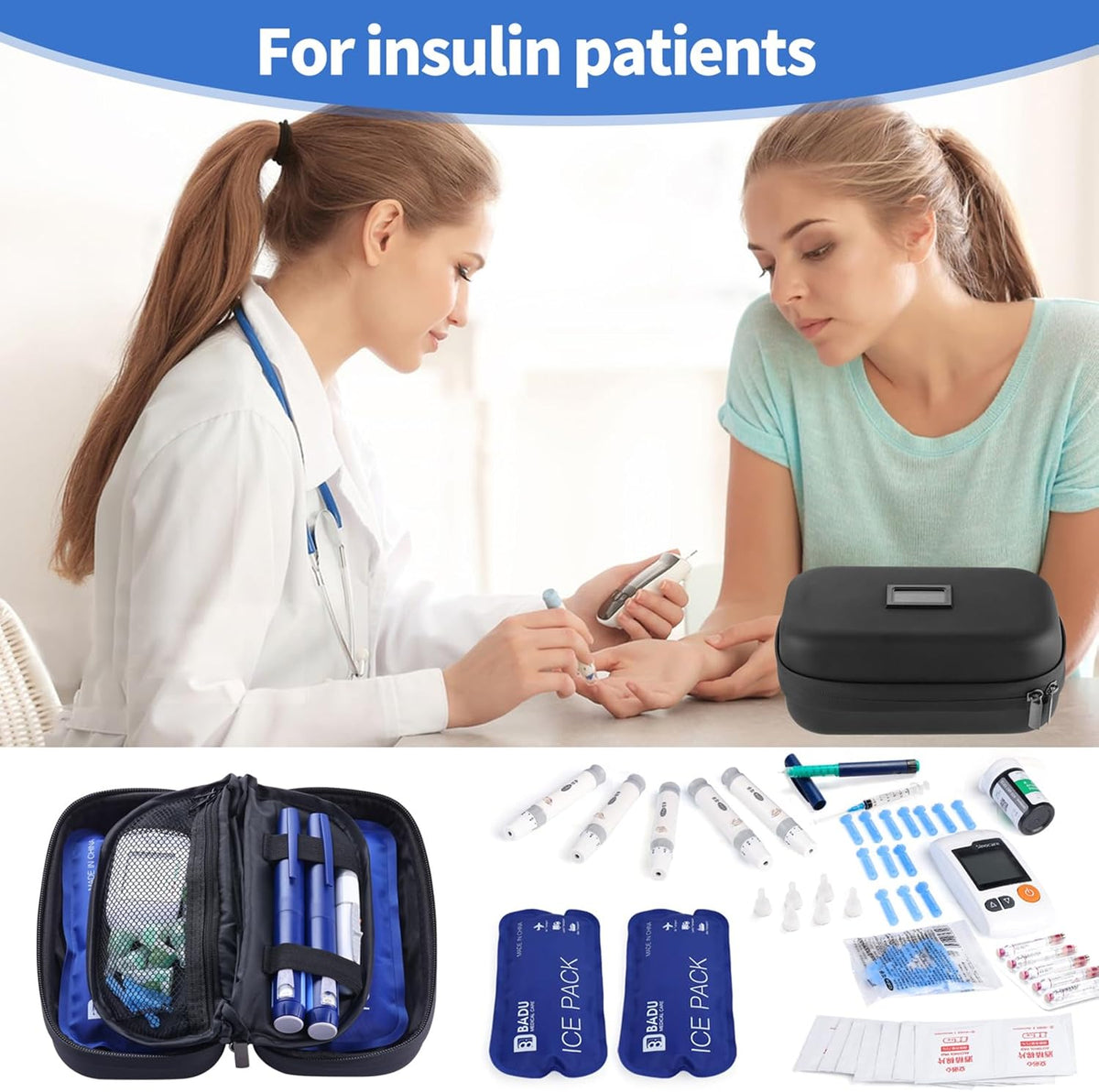 Insulin Cooler Travel Case TSA Approved Refrigerated Medicine Cooler for Travel w/Thermometer Temperature Diabetic Travel Case w/2 Reusable Ice Packs for Daily Life Trip, Blue