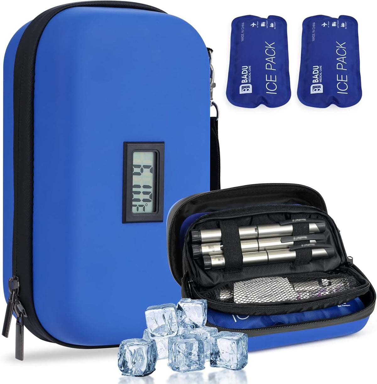 Insulin Cooler Travel Case TSA Approved Refrigerated Medicine Cooler for Travel w/Thermometer Temperature Diabetic Travel Case w/2 Reusable Ice Packs for Daily Life Trip, Blue