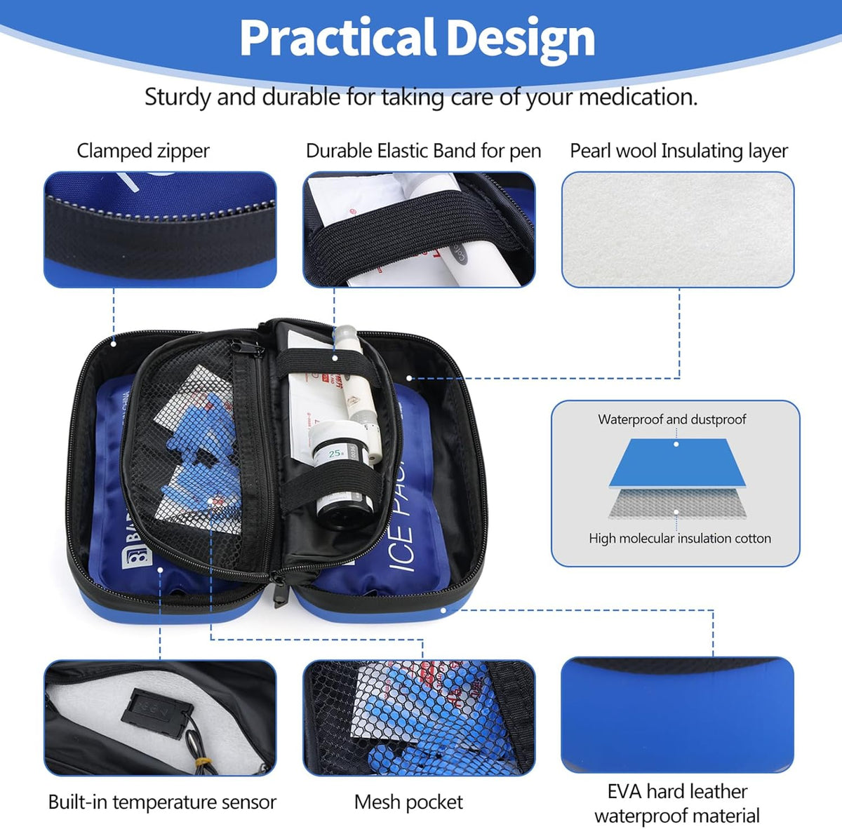 Insulin Cooler Travel Case TSA Approved Refrigerated Medicine Cooler for Travel w/Thermometer Temperature Diabetic Travel Case w/2 Reusable Ice Packs for Daily Life Trip, Blue