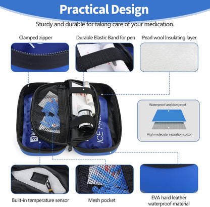 Insulin Cooler Travel Case TSA Approved Refrigerated Medicine Cooler for Travel w/Thermometer Temperature Diabetic Travel Case w/2 Reusable Ice Packs for Daily Life Trip, Blue