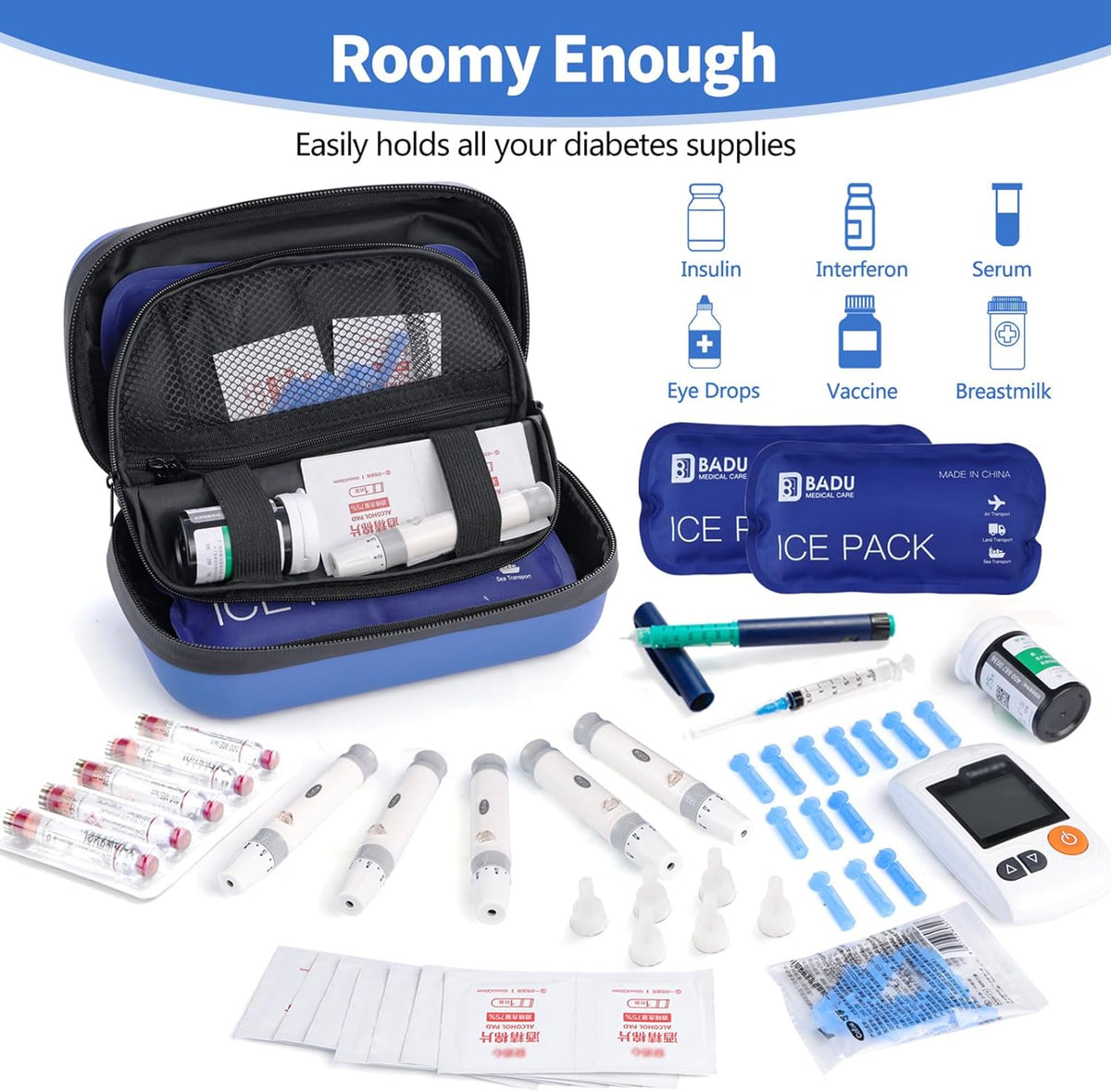 Insulin Cooler Travel Case TSA Approved Refrigerated Medicine Cooler for Travel w/Thermometer Temperature Diabetic Travel Case w/2 Reusable Ice Packs for Daily Life Trip, Blue