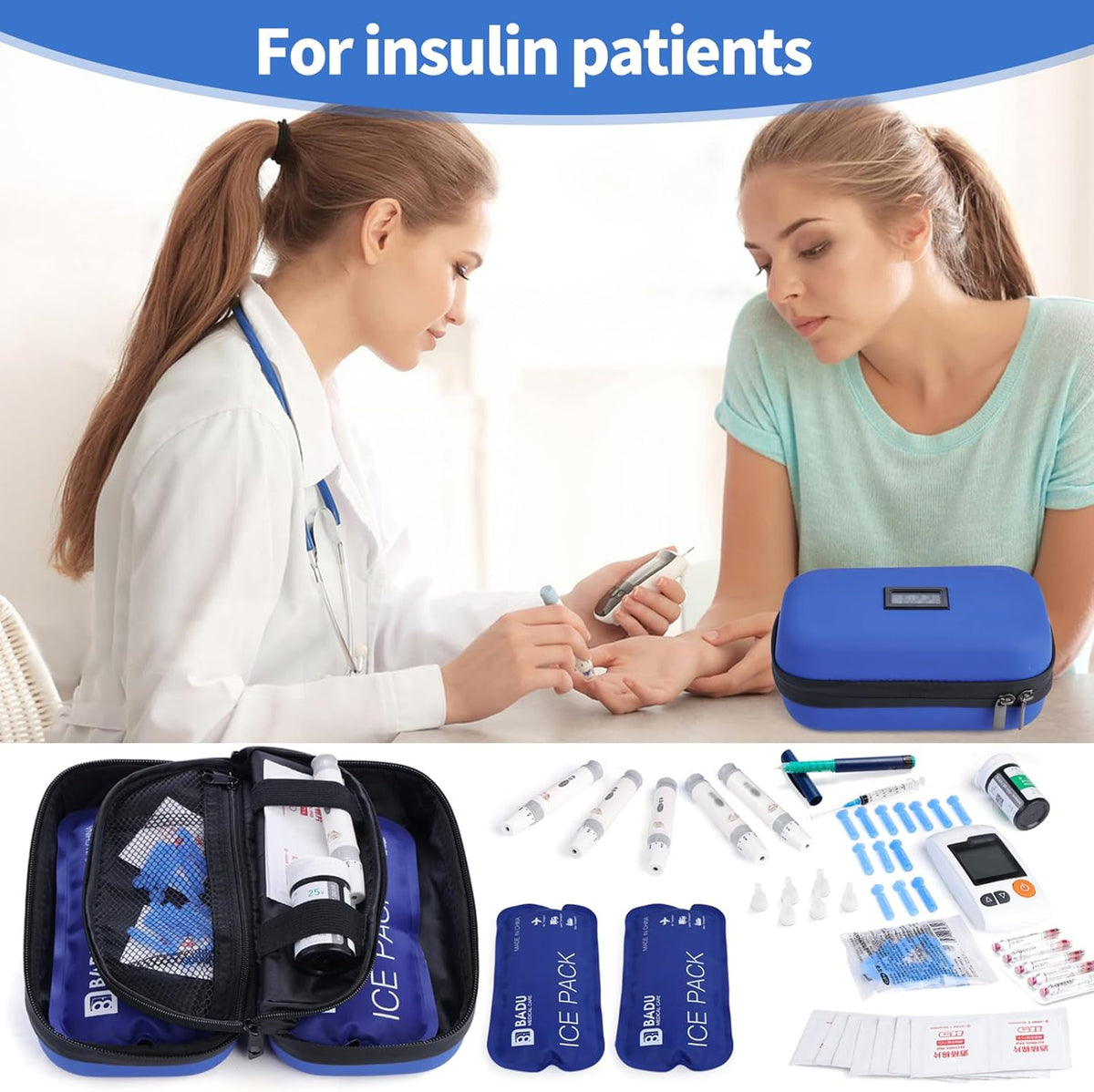Insulin Cooler Travel Case TSA Approved Refrigerated Medicine Cooler for Travel w/Thermometer Temperature Diabetic Travel Case w/2 Reusable Ice Packs for Daily Life Trip, Blue