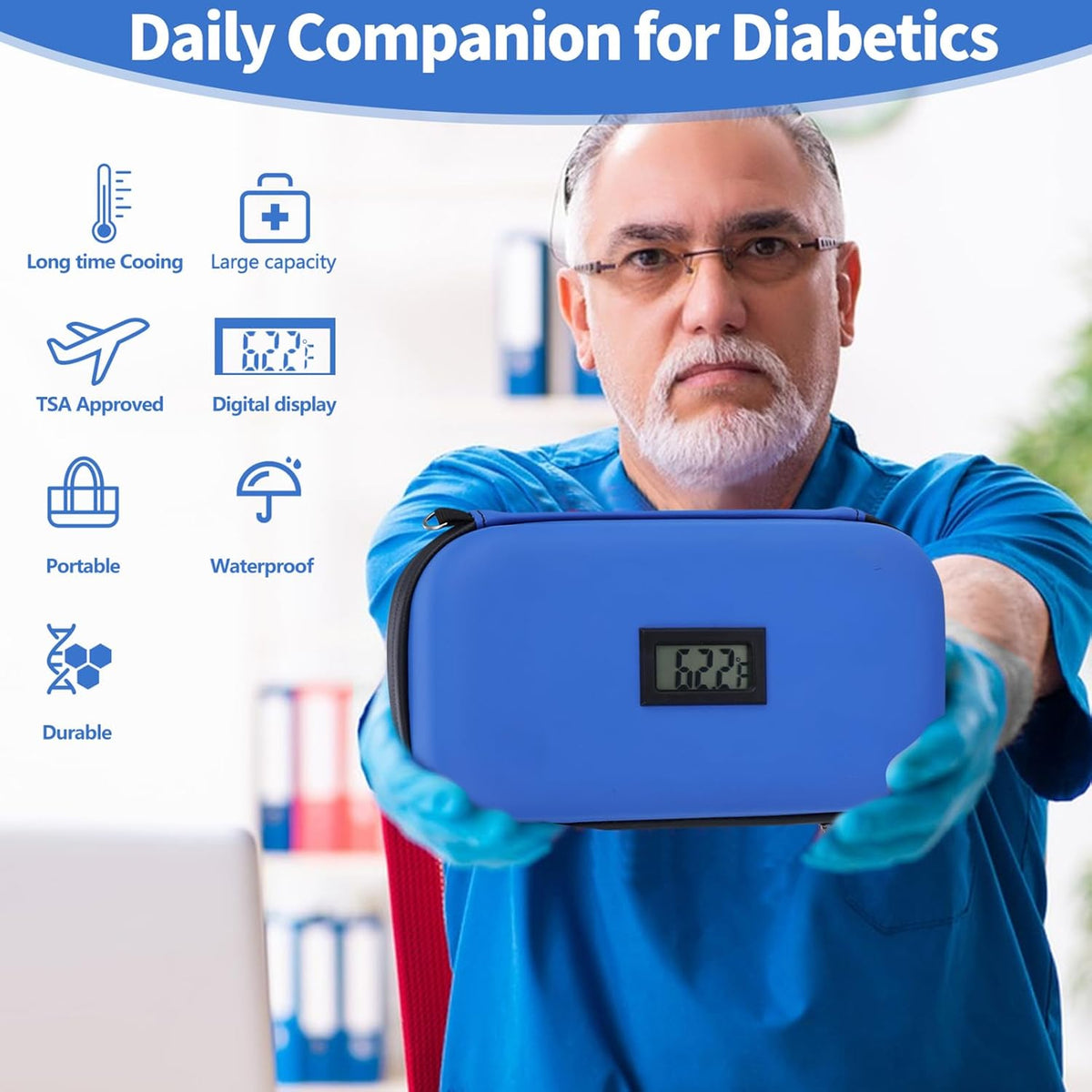Insulin Cooler Travel Case TSA Approved Refrigerated Medicine Cooler for Travel w/Thermometer Temperature Diabetic Travel Case w/2 Reusable Ice Packs for Daily Life Trip, Blue