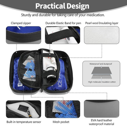 Insulin Cooler Travel Case TSA Approved Refrigerated Medicine Cooler for Travel w/Thermometer Temperature Diabetic Travel Case w/2 Reusable Ice Packs for Daily Life Trip, Blue