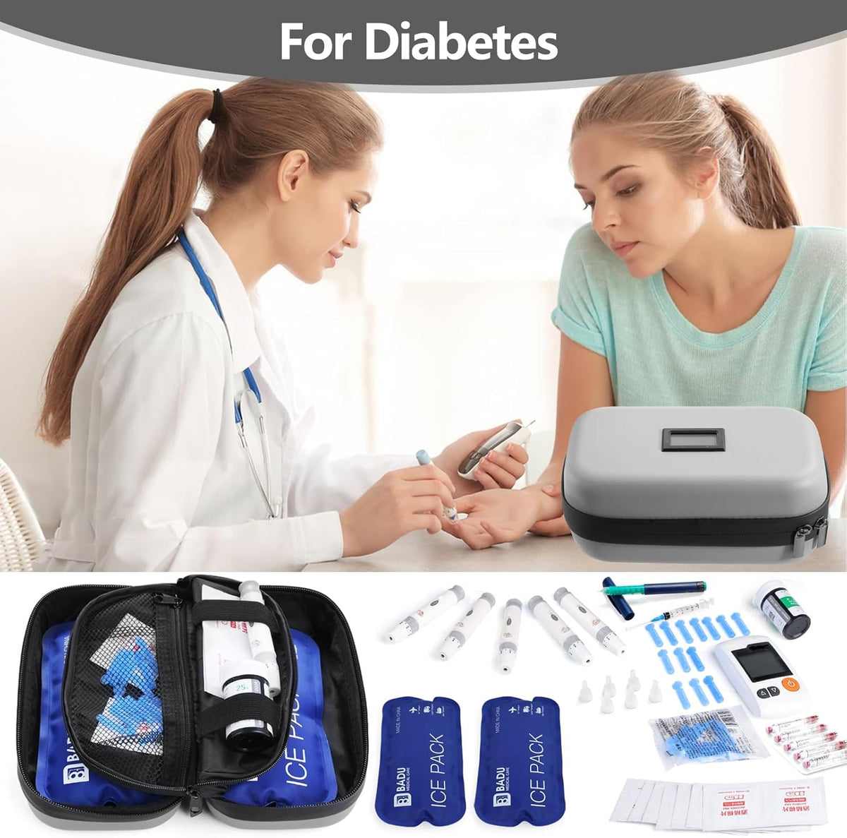 Insulin Cooler Travel Case TSA Approved Refrigerated Medicine Cooler for Travel w/Thermometer Temperature Diabetic Travel Case w/2 Reusable Ice Packs for Daily Life Trip, Blue