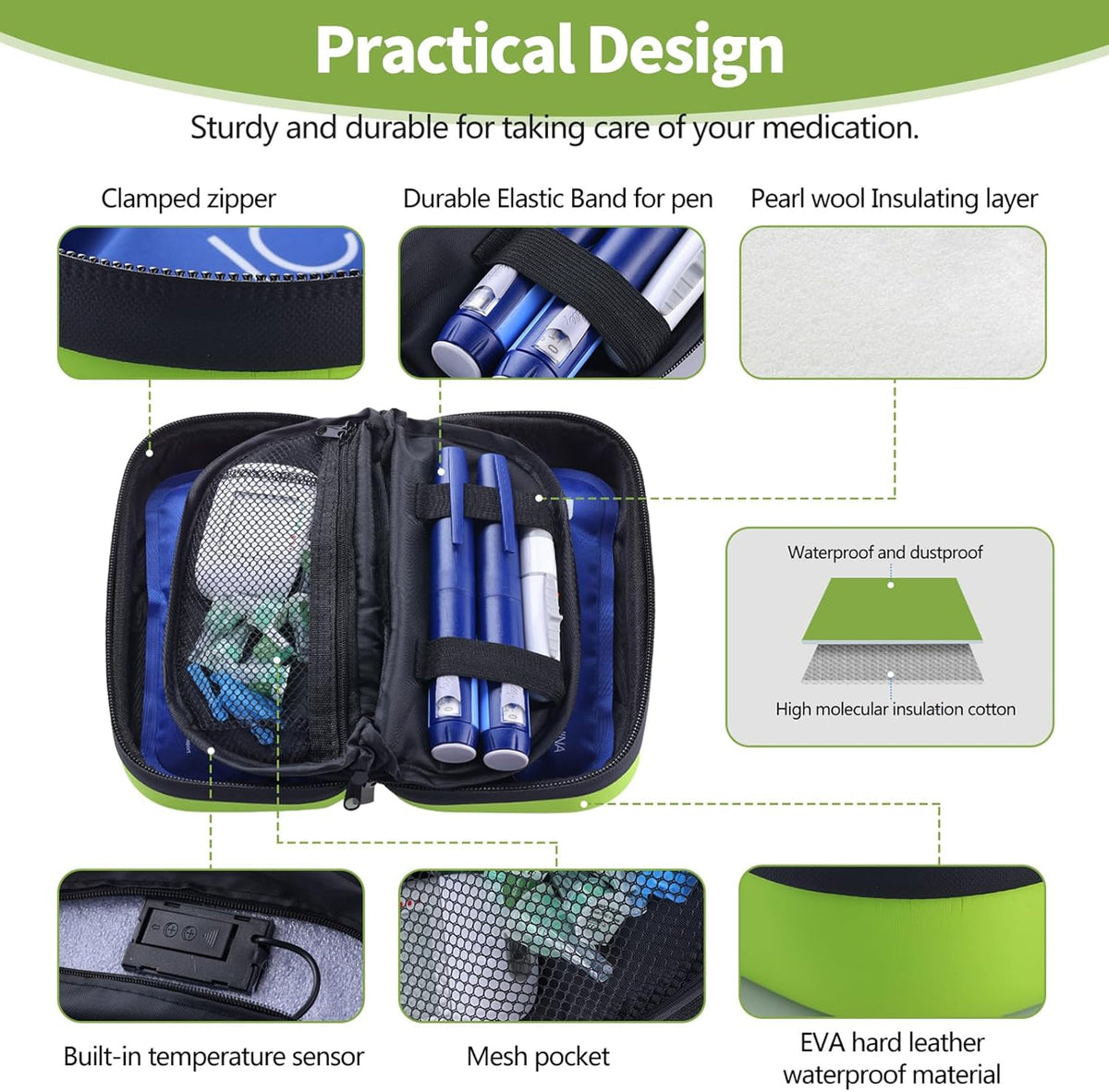 Insulin Cooler Travel Case TSA Approved Refrigerated Medicine Cooler for Travel w/Thermometer Temperature Diabetic Travel Case w/2 Reusable Ice Packs for Daily Life Trip, Blue
