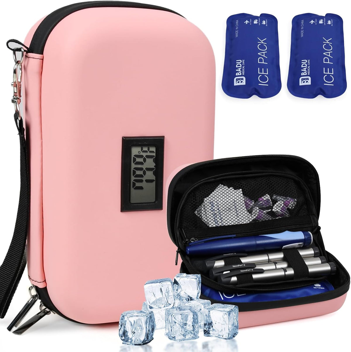 Insulin Cooler Travel Case TSA Approved Refrigerated Medicine Cooler for Travel w/Thermometer Temperature Diabetic Travel Case w/2 Reusable Ice Packs for Daily Life Trip, Blue
