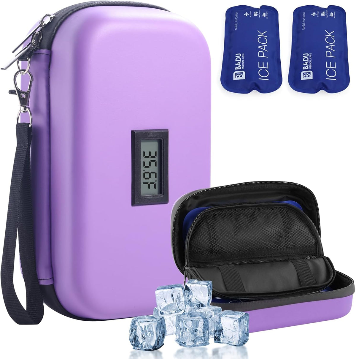 Insulin Cooler Travel Case TSA Approved Refrigerated Medicine Cooler for Travel w/Thermometer Temperature Diabetic Travel Case w/2 Reusable Ice Packs for Daily Life Trip, Blue