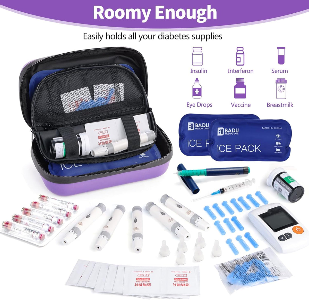 Insulin Cooler Travel Case TSA Approved Refrigerated Medicine Cooler for Travel w/Thermometer Temperature Diabetic Travel Case w/2 Reusable Ice Packs for Daily Life Trip, Blue
