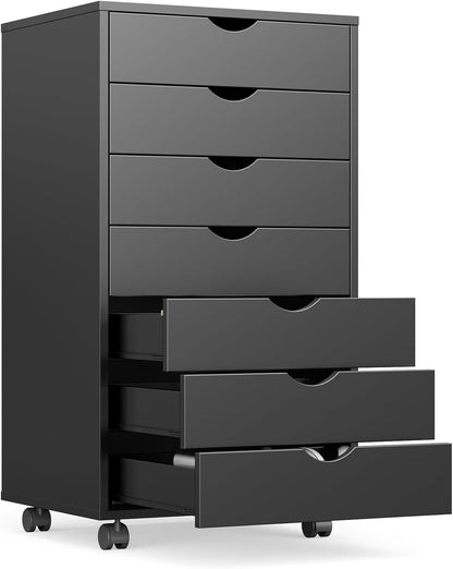 7 Drawer File Cabinet on Wheels, Printer Stand | Fits Under Desks, Wood Storage Organization Holds Printer, Office Supplies, Not For Hanging Files, For Home Office Use Black