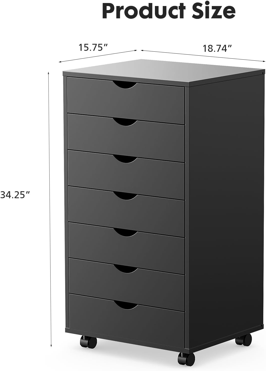 7 Drawer File Cabinet on Wheels, Printer Stand | Fits Under Desks, Wood Storage Organization Holds Printer, Office Supplies, Not For Hanging Files, For Home Office Use Black