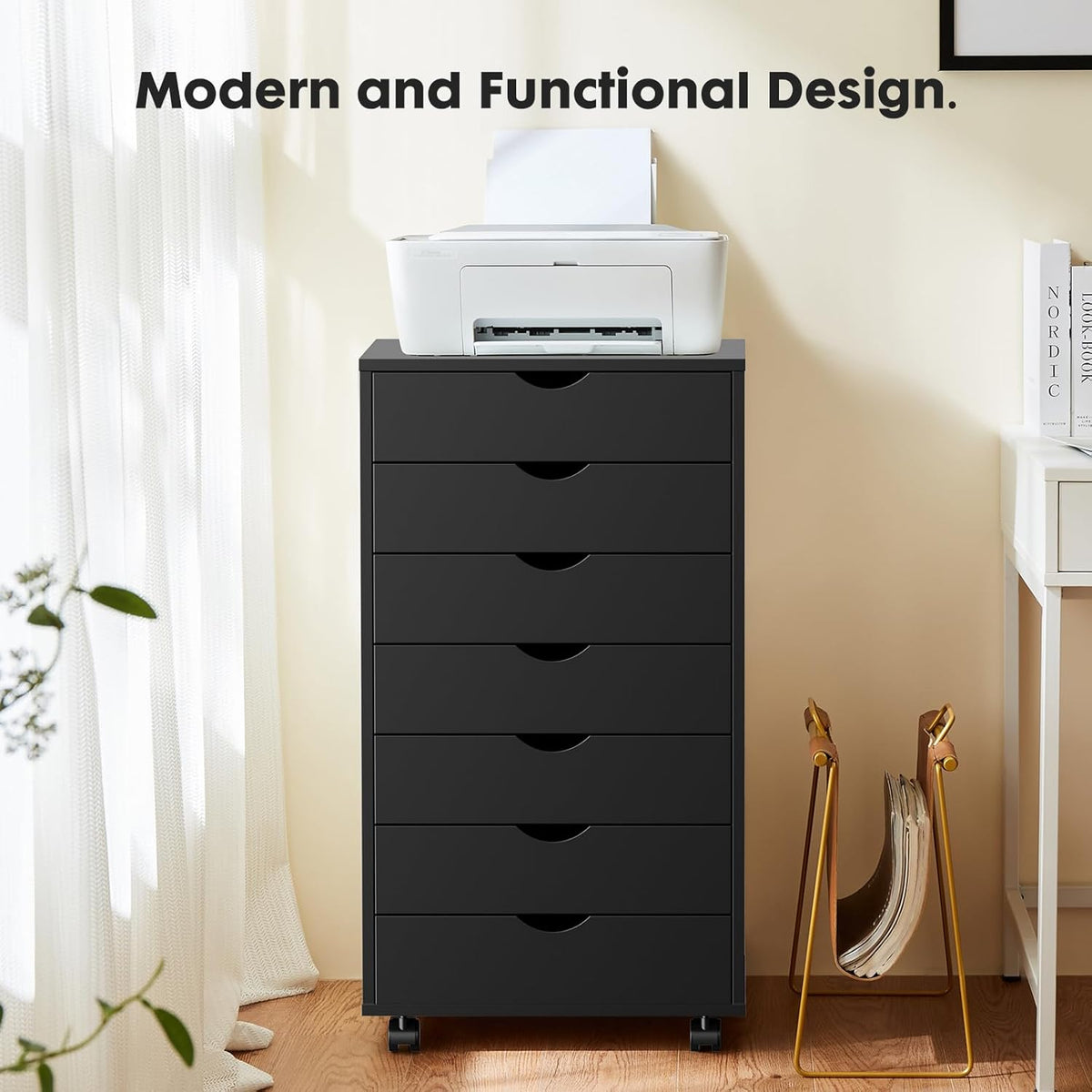 7 Drawer File Cabinet on Wheels, Printer Stand | Fits Under Desks, Wood Storage Organization Holds Printer, Office Supplies, Not For Hanging Files, For Home Office Use Black