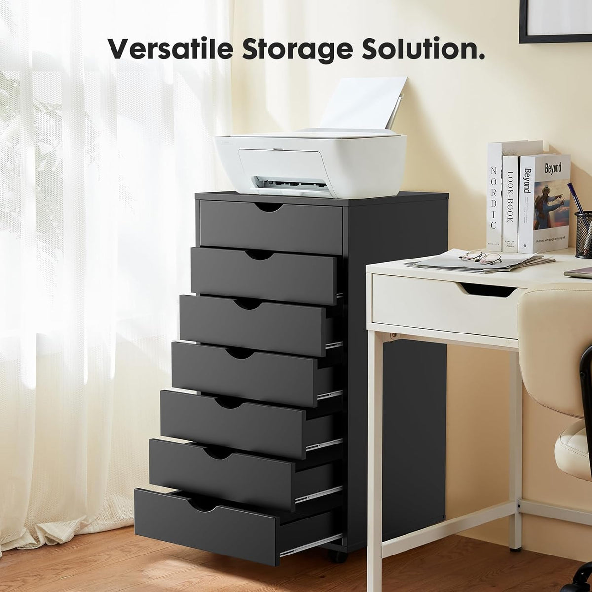 7 Drawer File Cabinet on Wheels, Printer Stand | Fits Under Desks, Wood Storage Organization Holds Printer, Office Supplies, Not For Hanging Files, For Home Office Use Black