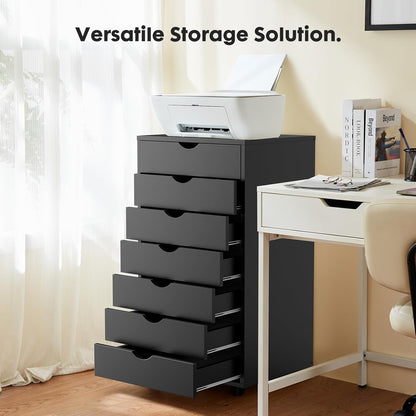 7 Drawer File Cabinet on Wheels, Printer Stand | Fits Under Desks, Wood Storage Organization Holds Printer, Office Supplies, Not For Hanging Files, For Home Office Use Black