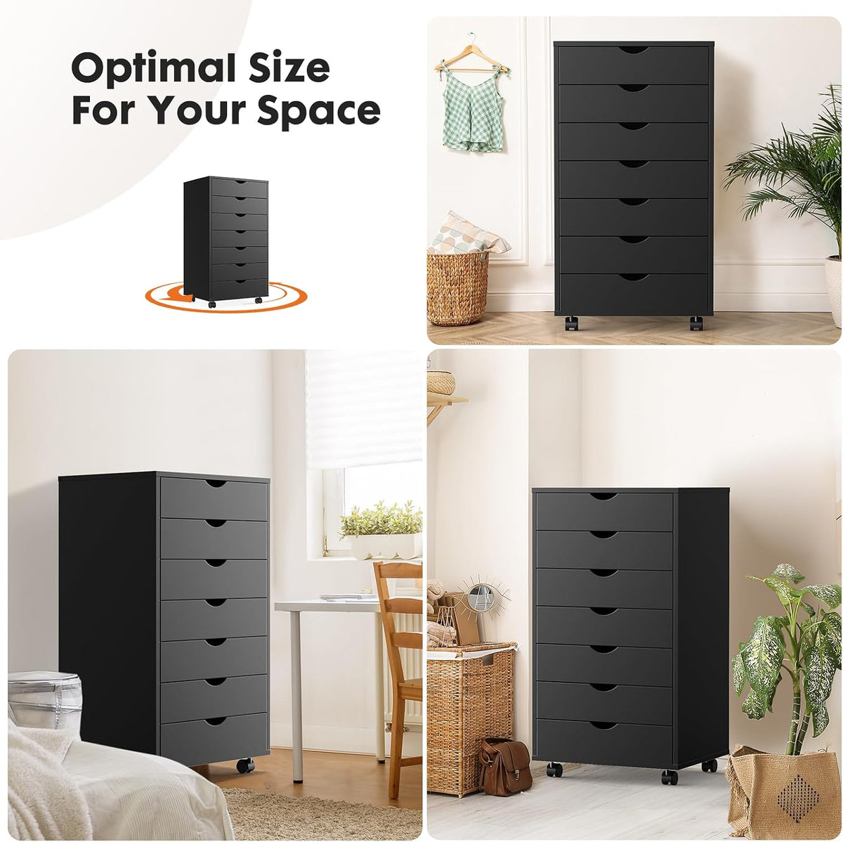 7 Drawer File Cabinet on Wheels, Printer Stand | Fits Under Desks, Wood Storage Organization Holds Printer, Office Supplies, Not For Hanging Files, For Home Office Use Black