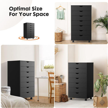 7 Drawer File Cabinet on Wheels, Printer Stand | Fits Under Desks, Wood Storage Organization Holds Printer, Office Supplies, Not For Hanging Files, For Home Office Use Black