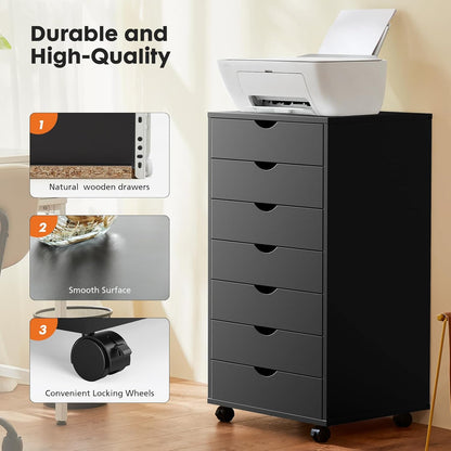 7 Drawer File Cabinet on Wheels, Printer Stand | Fits Under Desks, Wood Storage Organization Holds Printer, Office Supplies, Not For Hanging Files, For Home Office Use Black
