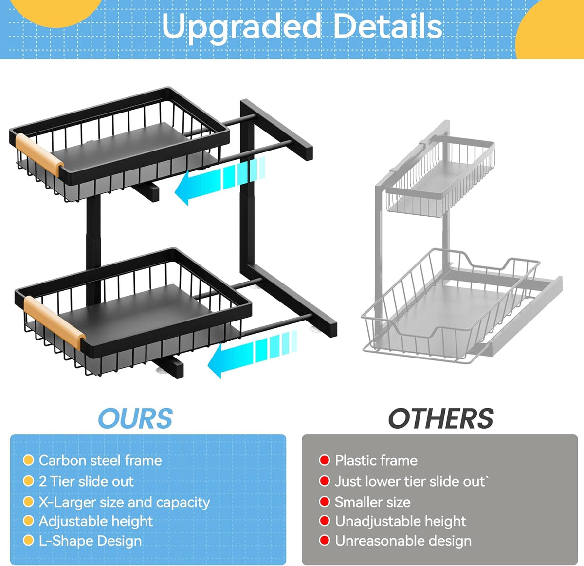 2 Pack Under Sink Organizers and Storage, Height Adjustable 2-Tier Pull Out Cabinet Organizer, Heavy Duty Slide Out Sink Shelf Drawer for Kitchen Bathroom Organization