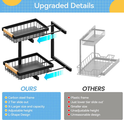 2 Pack Under Sink Organizers and Storage, Height Adjustable 2-Tier Pull Out Cabinet Organizer, Heavy Duty Slide Out Sink Shelf Drawer for Kitchen Bathroom Organization