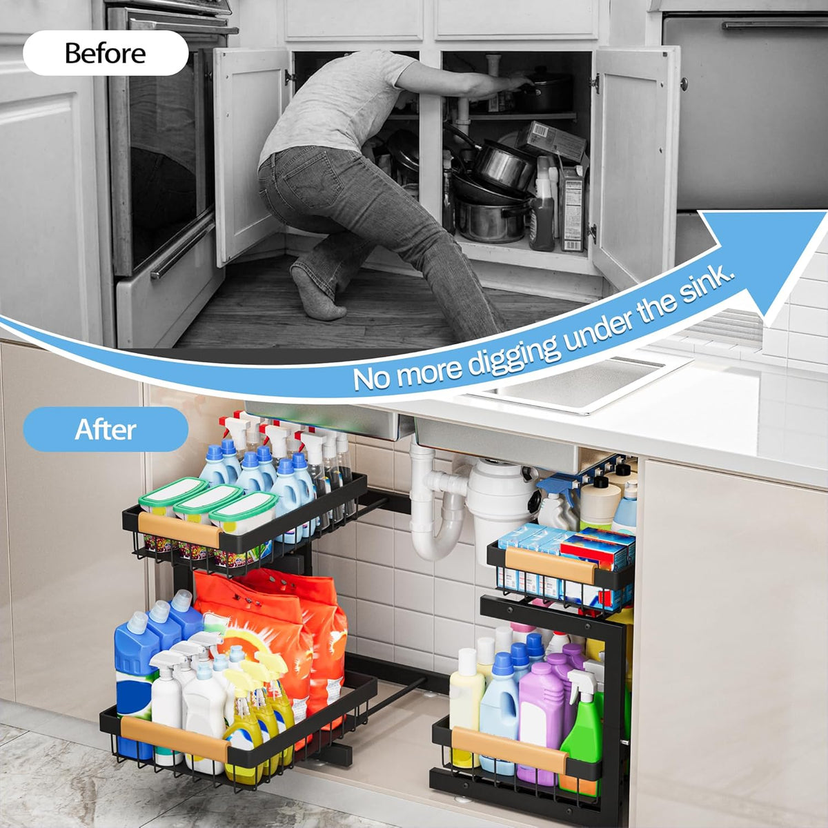 2 Pack Under Sink Organizers and Storage, Height Adjustable 2-Tier Pull Out Cabinet Organizer, Heavy Duty Slide Out Sink Shelf Drawer for Kitchen Bathroom Organization