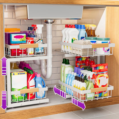 2 Pack Under Sink Organizers and Storage, Height Adjustable 2-Tier Pull Out Cabinet Organizer, Heavy Duty Slide Out Sink Shelf Drawer for Kitchen Bathroom Organization