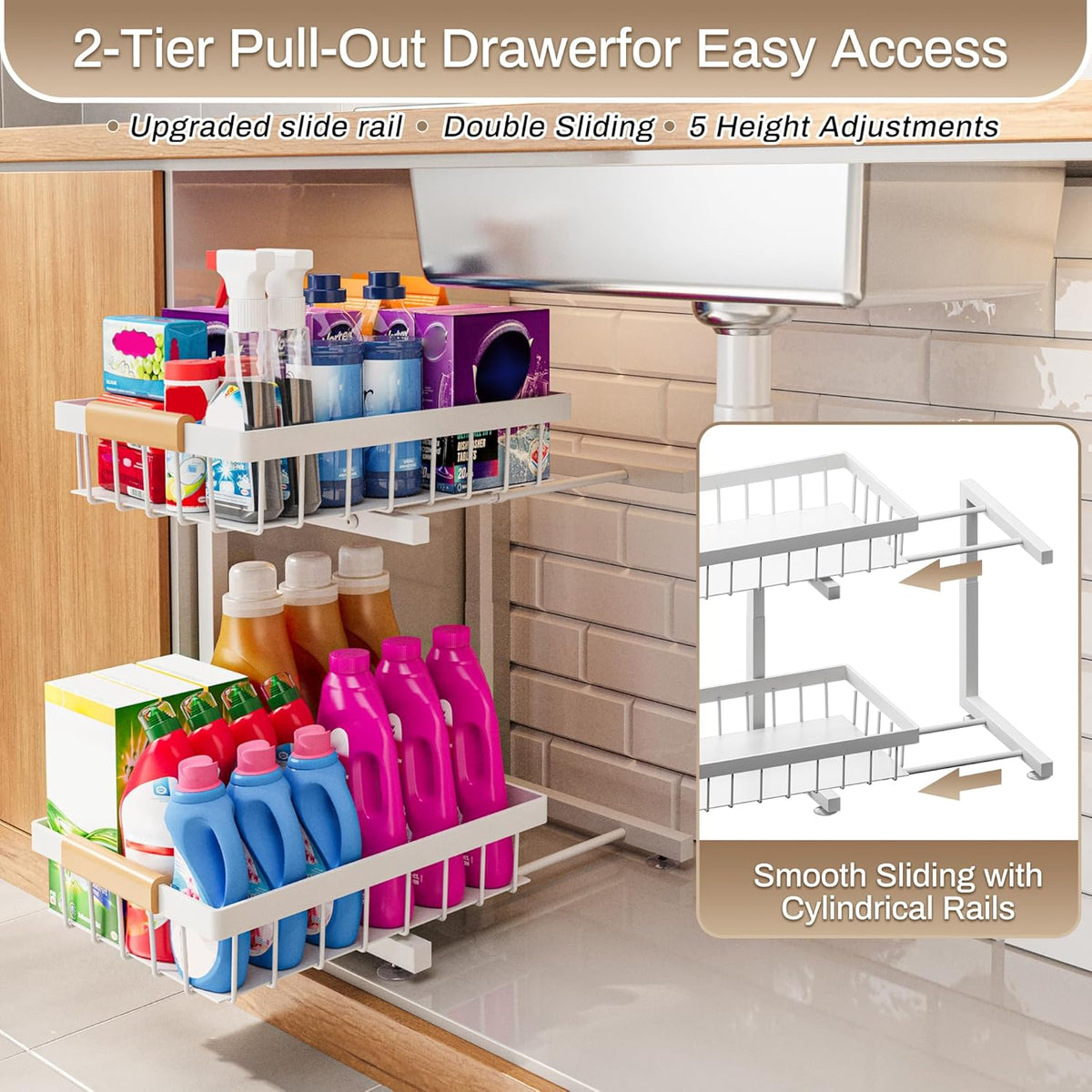 2 Pack Under Sink Organizers and Storage, Height Adjustable 2-Tier Pull Out Cabinet Organizer, Heavy Duty Slide Out Sink Shelf Drawer for Kitchen Bathroom Organization