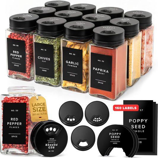 Glass Spice Jars with Labels & Black Rotating Lids – 12 Large Square Airtight Containers 6.7 oz / 200ml with Shaker Inserts, Funnel & 160 Waterproof Labels for Kitchen Pantry Organization