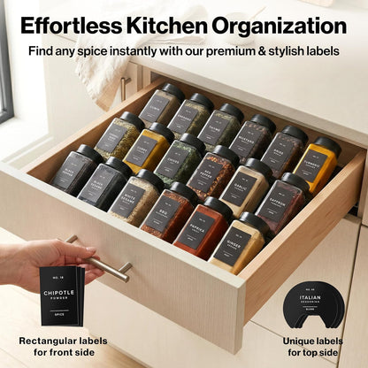 Glass Spice Jars with Labels & Black Rotating Lids – 12 Large Square Airtight Containers 6.7 oz / 200ml with Shaker Inserts, Funnel & 160 Waterproof Labels for Kitchen Pantry Organization