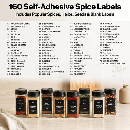 Glass Spice Jars with Labels & Black Rotating Lids – 12 Large Square Airtight Containers 6.7 oz / 200ml with Shaker Inserts, Funnel & 160 Waterproof Labels for Kitchen Pantry Organization